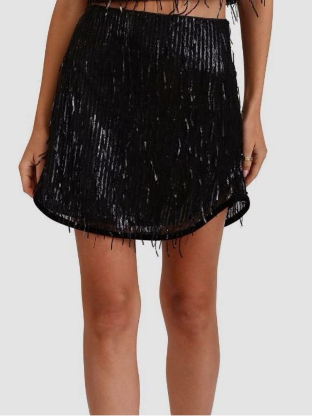 Avec Les Filles Black Sequin Fringe Mini Skirt